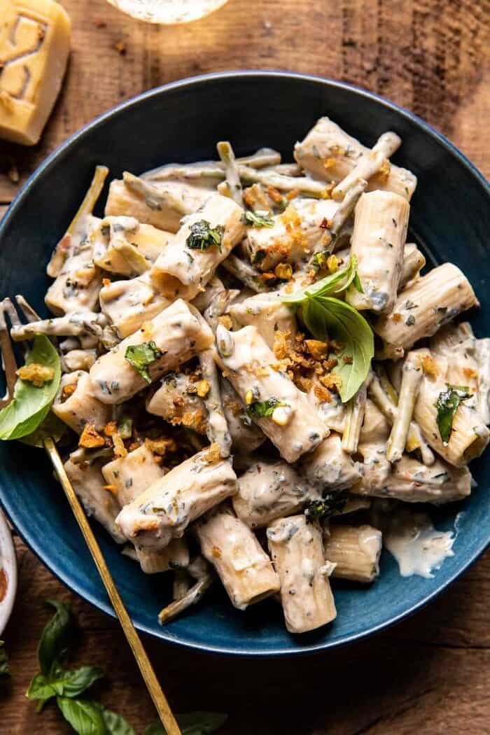 Creamy Lemon Basil and Asparagus Pasta with Spicy Breadcrumbs | halfbakedharvest.com