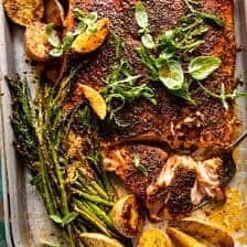 Sheet Pan Lemon Brown Butter Salmon and Potatoes with Parmesan Asparagus | halfbakedharvest.com