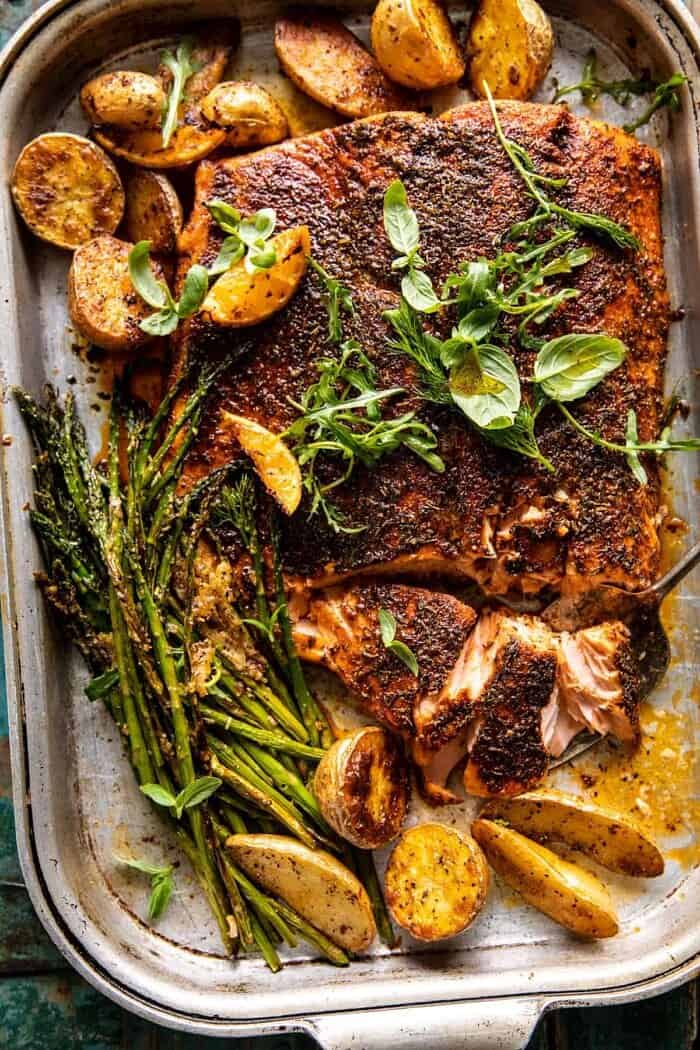 Sheet Pan Lemon Brown Butter Salmon and Potatoes with Parmesan Asparagus | halfbakedharvest.com