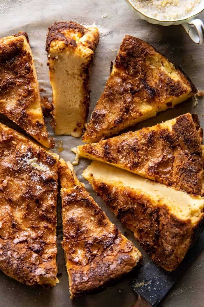 overhead close up photo of Simple Lemon Sugar Burnt Basque Cheesecake