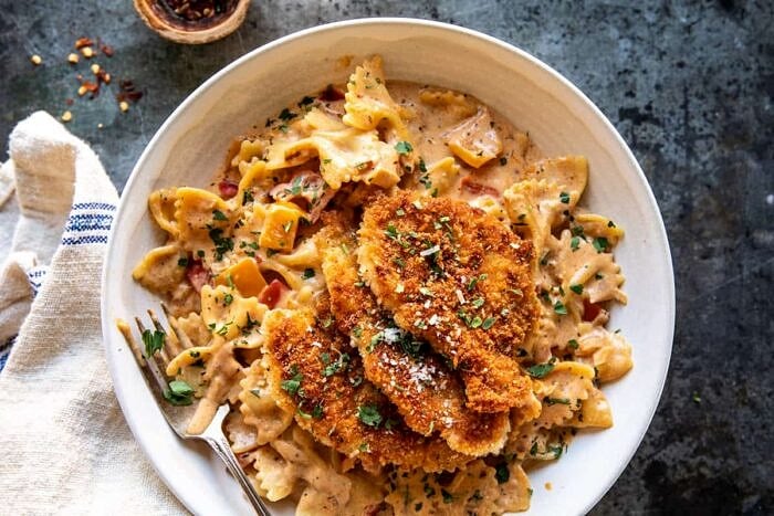 overhead photo of Southern Style Creamy Parmesan Chicken Pasta 