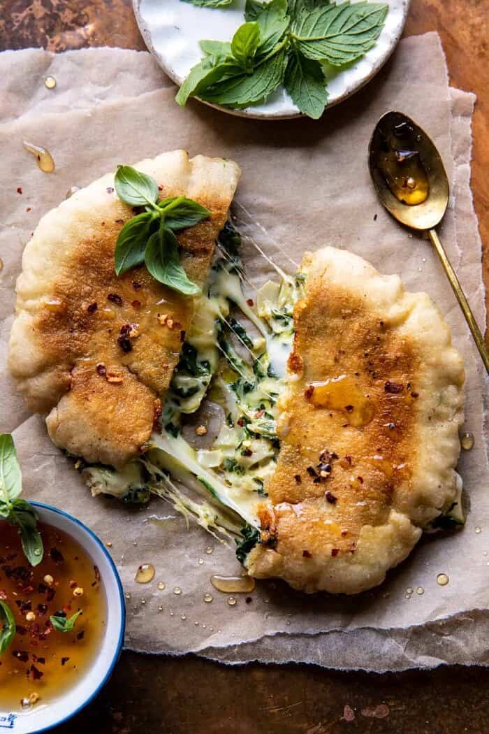 Spinach and Artichoke Pita Grilled Cheese | halfbakedharvest.com