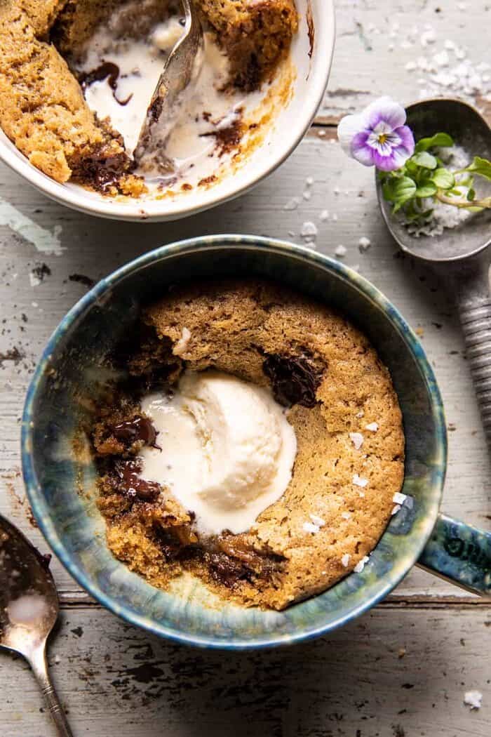 overhead photo of Deep Dish Molten Chocolate Coffee Blondies with melted chocolate showing 