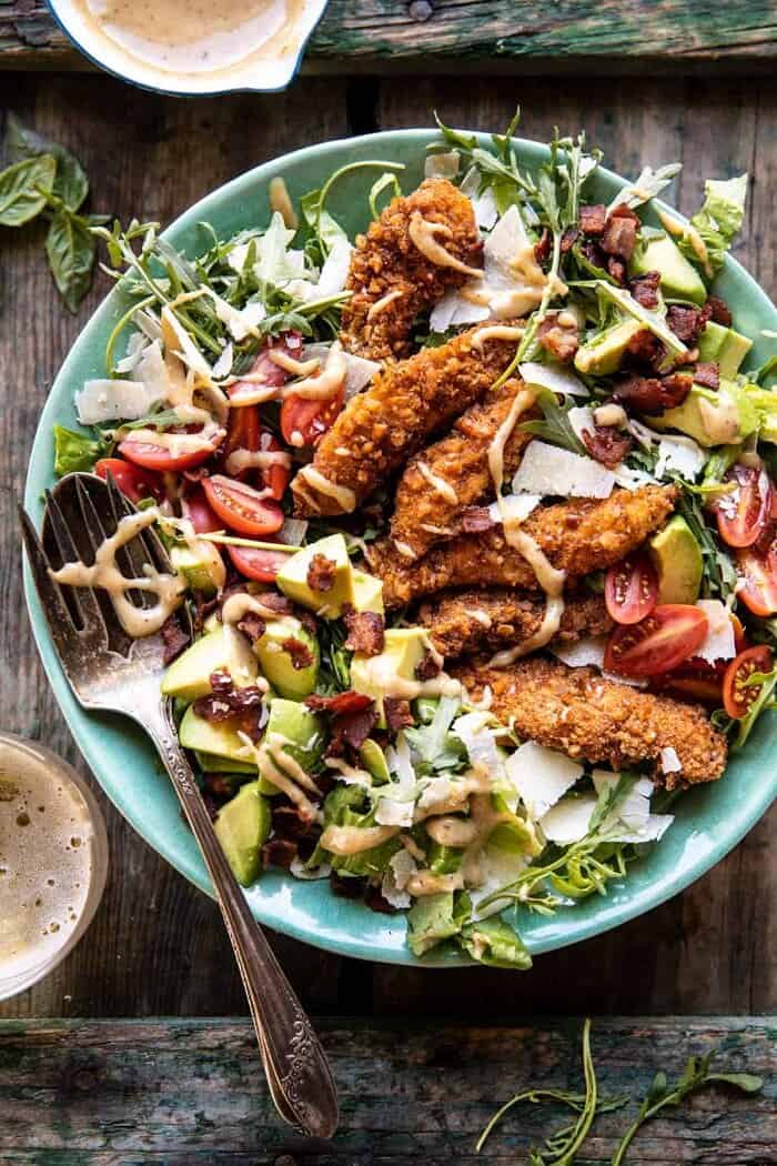 Honey Mustard Pretzel Chicken and Avocado Bacon Salad | halfbakedharvest.com