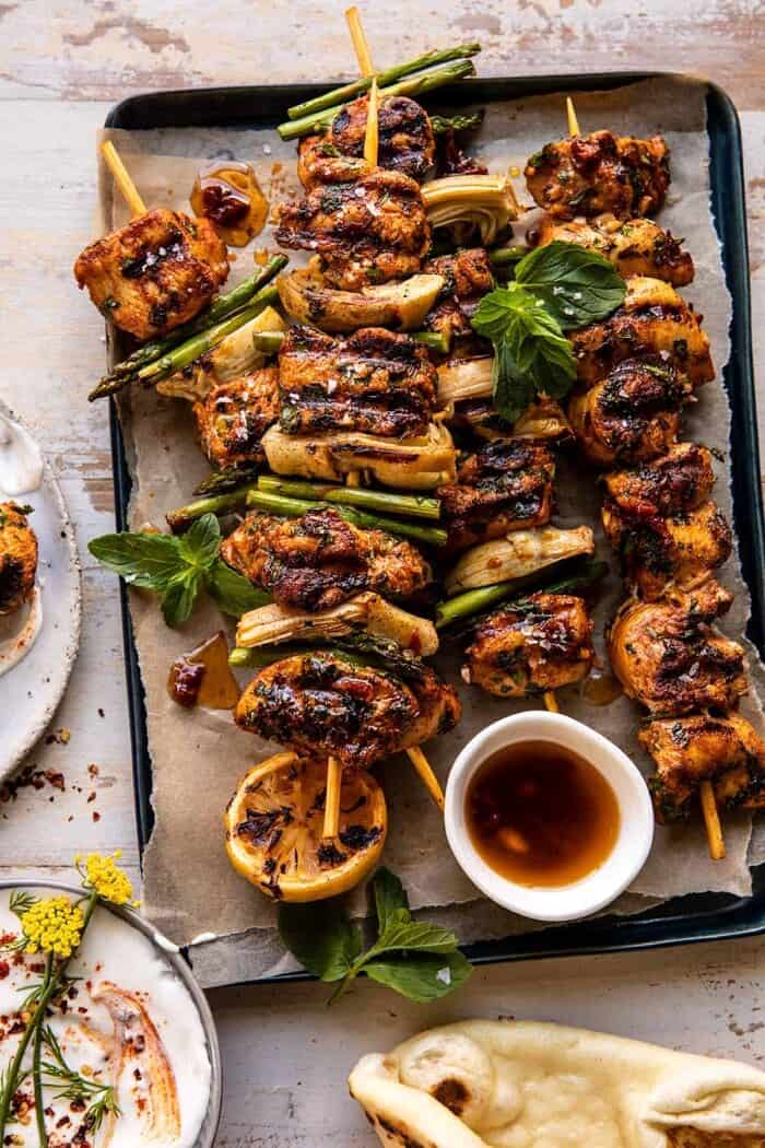 Lemon Chicken Skewers with Creamy Feta Sauce | halfbakedharvest.com