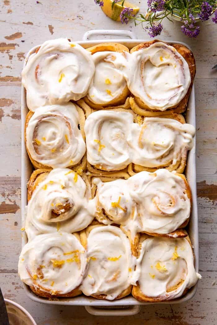 overhead photo of Lemon Sugar Rolls with Vanilla Cream Cheese Icing