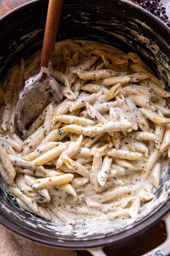 overhead photo of One Pot Creamy Penne Alfredo in pot