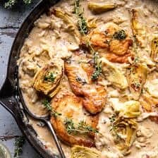 One Skillet Creamy Artichoke Chicken Marsala and Orzo | halfbakedharvest.com