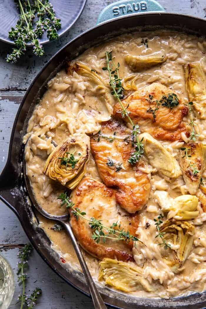overhead photo of One Skillet Creamy Artichoke Chicken Marsala and Orzo 