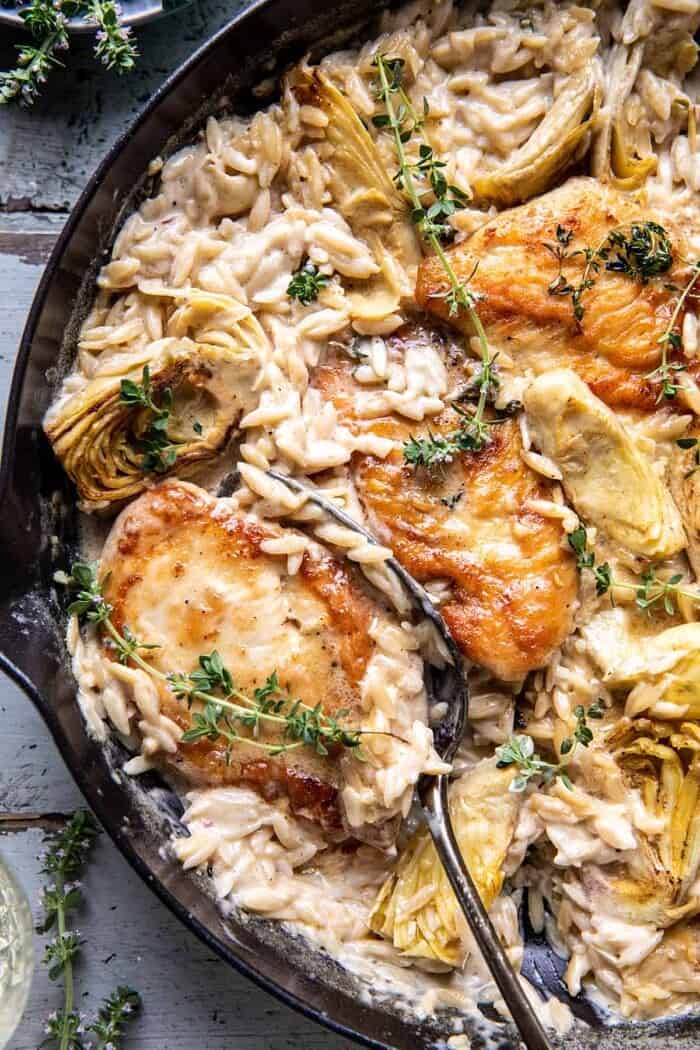 One Skillet Creamy Artichoke Chicken Marsala and Orzo | halfbakedharvest.com