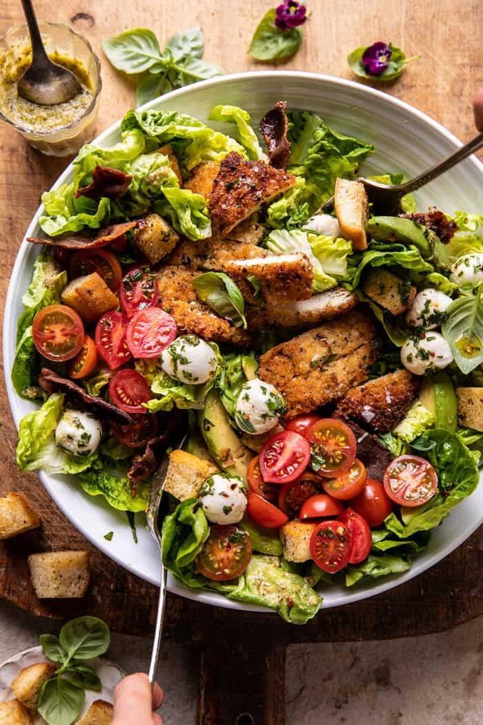 Crispy Italian Chicken and Bacon Salad with Tahini Pesto Dressing and Sourdough Croutons | halfbakedharvest.com
