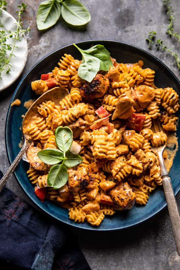 overhead photo of Lighter Creamy Cajun Chicken Pasta 