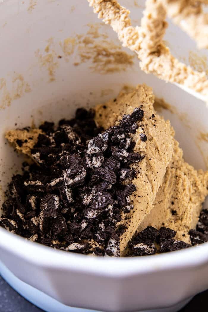 Cookies n' Cream Chocolate Chip Cookies | halfbakedharvest.com prep photo of cookie dough in bowl