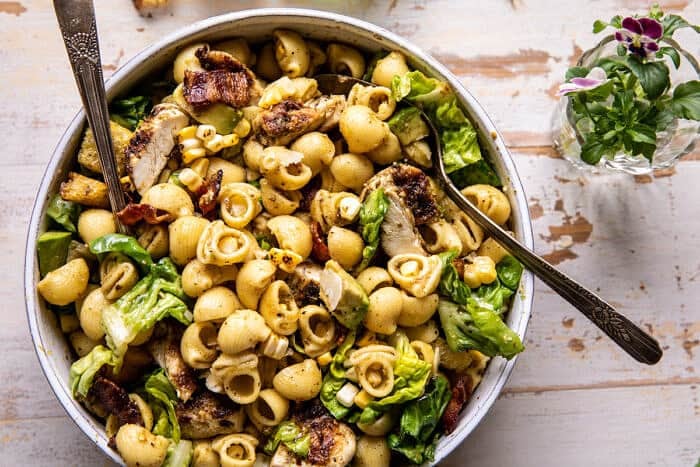 Pesto Chicken, Corn, and Avocado Bacon Pasta Salad | halfbakedharvest.com