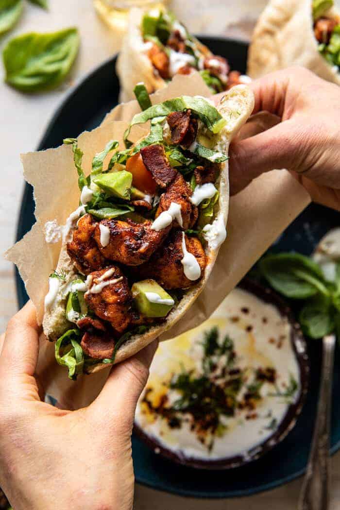 Rosemary Chicken and Avocado Bacon Pitas with Honey Feta Sauce | halfbakedharvest.com
