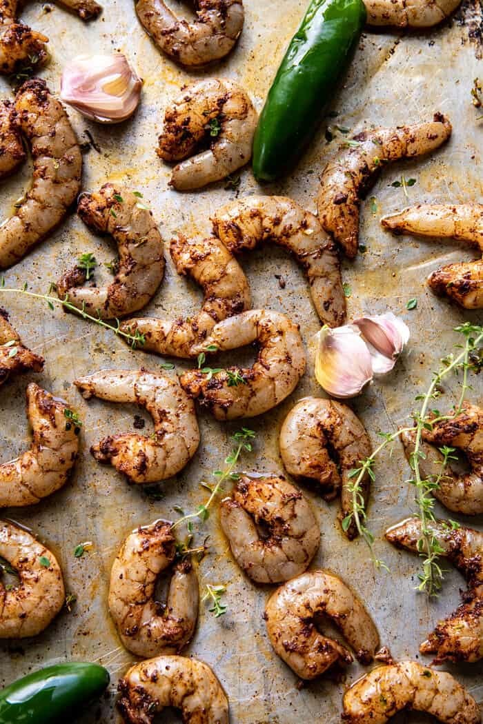 prep photo of shrimp on baking sheet before cooking