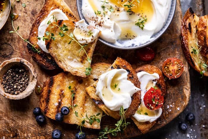 Whipped Ricotta Toast with Marinated Tomatoes and Lemon Thyme Honey | halfbakedharvest.com