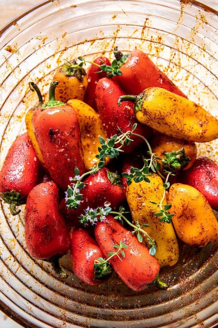 Charred Baby Bell Peppers with Burrata | halfbakednharvest.com