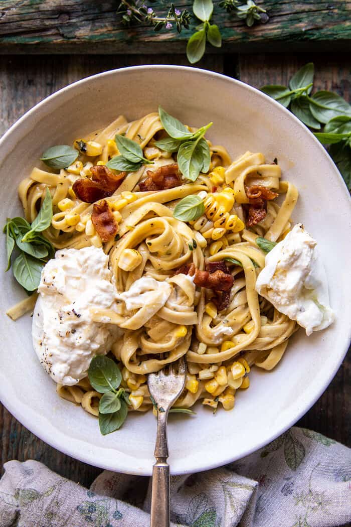 Garlic Herb Corn Carbonara with Burrata | halfbakedharvest.com