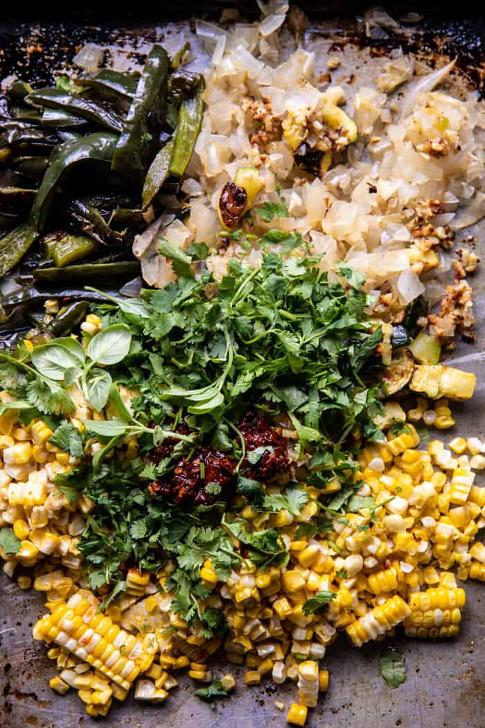 Sheet Pan Cheesy Poblano Corn Enchiladas | halfbakedharvest.com