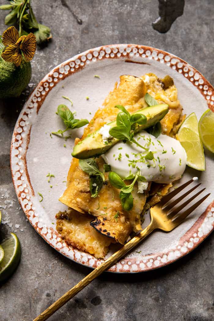 Sheet Pan Cheesy Poblano Corn Enchiladas | halfbakedharvest.com