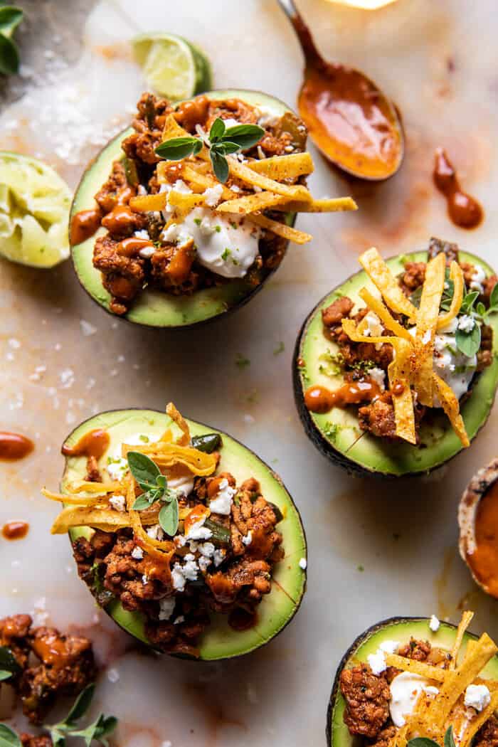 Taco Stuffed Avocados with Chipotle Sauce and Cilantro Lime Ranch | halfbakedharvest.com
