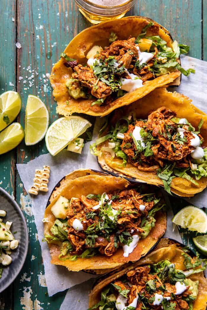 30 Minute Crispy Cheese Chicken Tinga Tacos with Pineapple Salsa | halfbakedharvest.com