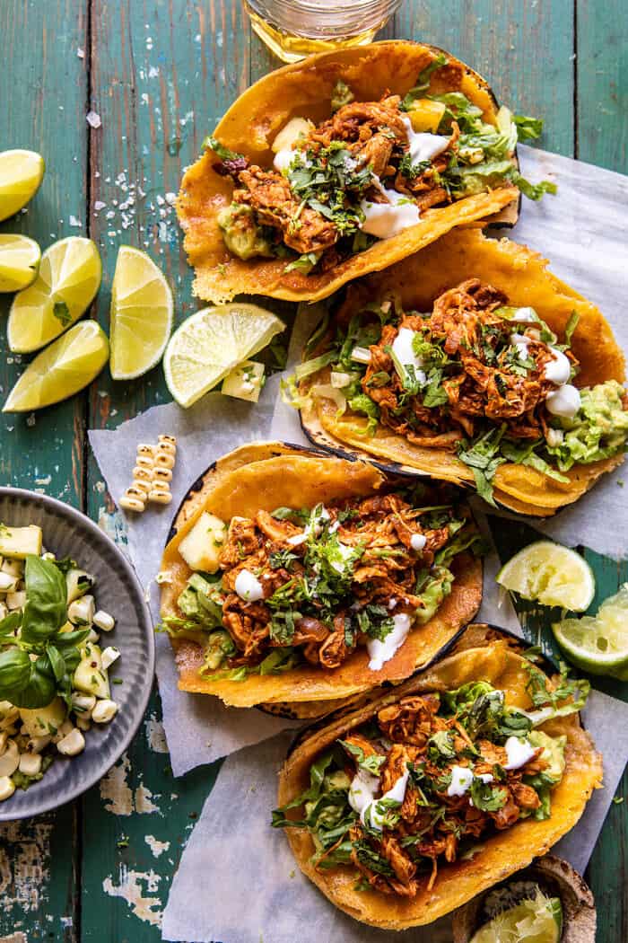 30 Minute Crispy Cheese Chicken Tinga Tacos with Pineapple Salsa | halfbakedharvest.com