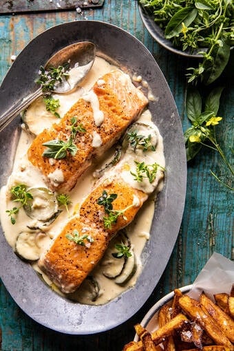 Creamed Feta Garlic Herb Butter Salmon | halfbakedharvest.com