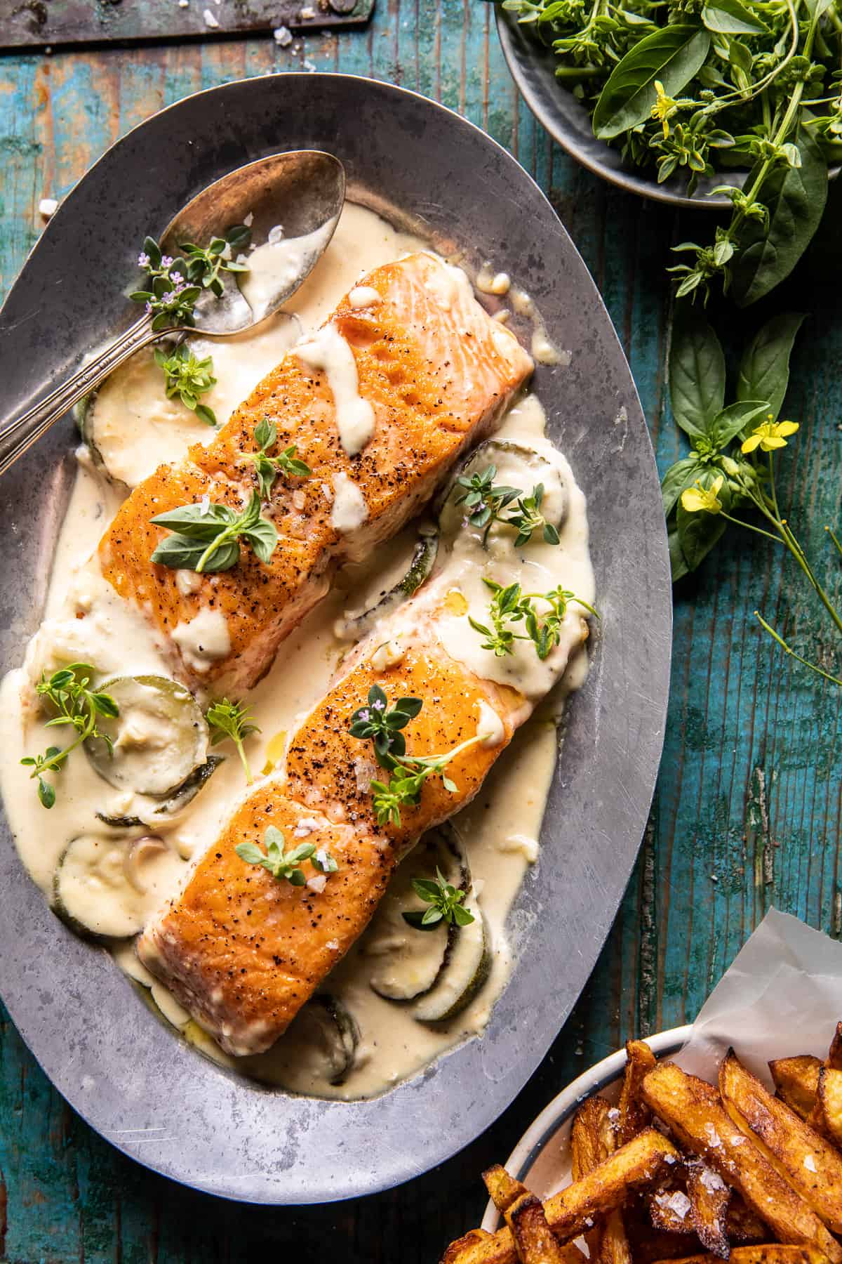 Creamed Feta Garlic Herb Butter Salmon | halfbakedharvest.com