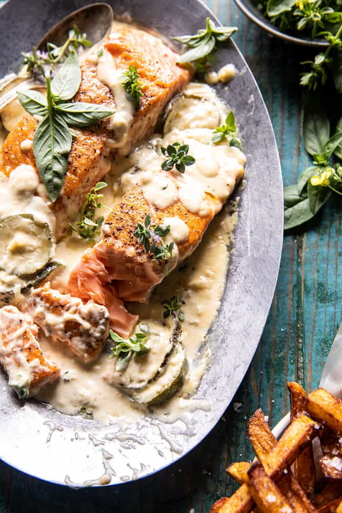 Creamed Feta Garlic Herb Butter Salmon | halfbakedharvest.com