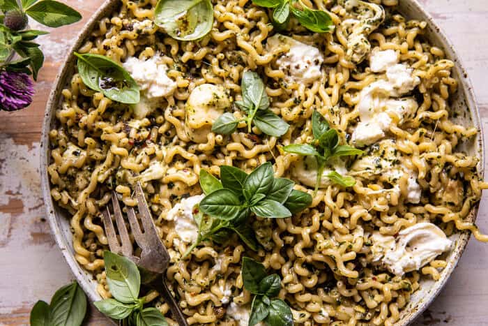 One Pot Melty Burrata Lemon Pesto Pasta | halfbakedharvest.com