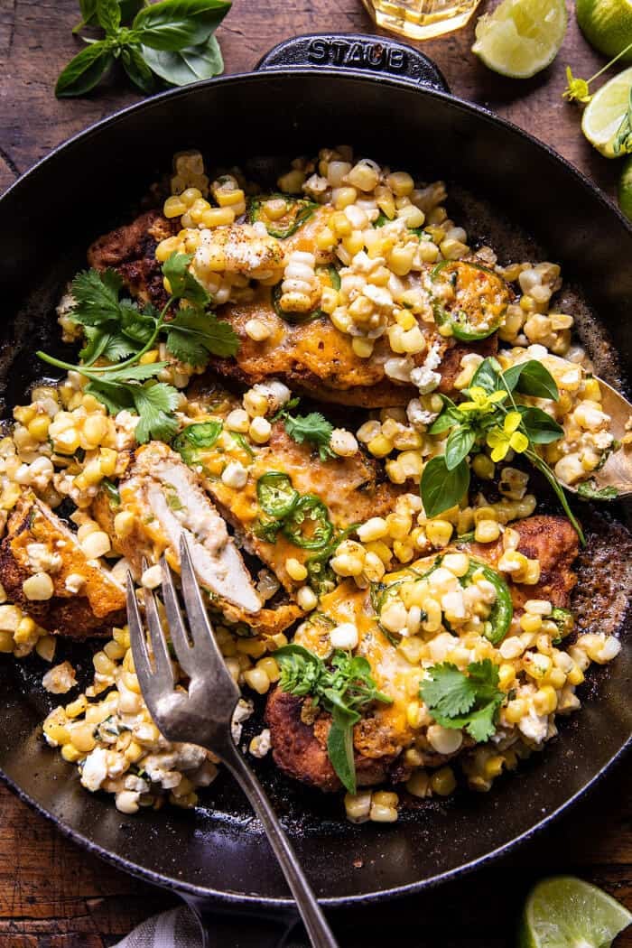 Jalapeño Cheddar Stuffed Chicken with Creamed Corn | halfbakedharvest.com