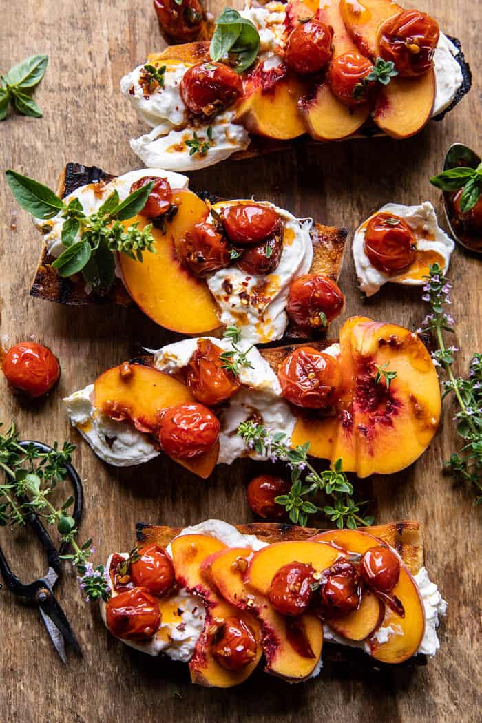 Peach Burrata Crostini with Burst Cherry Tomato Vinaigrette | halfbakedharvest.com