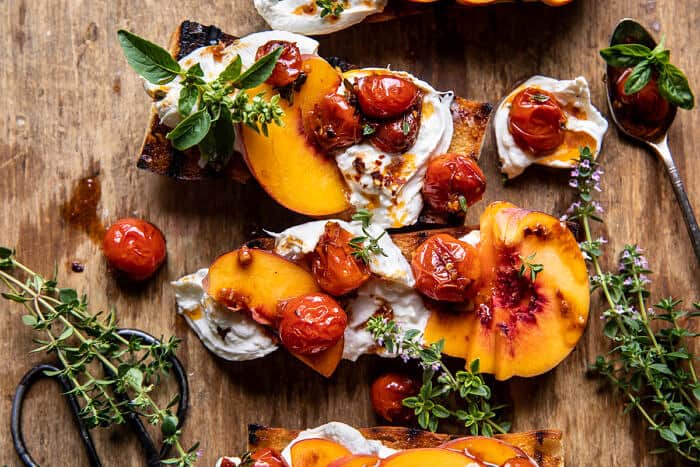 Peach Burrata Crostini with Burst Cherry Tomato Vinaigrette | halfbakedharvest.com