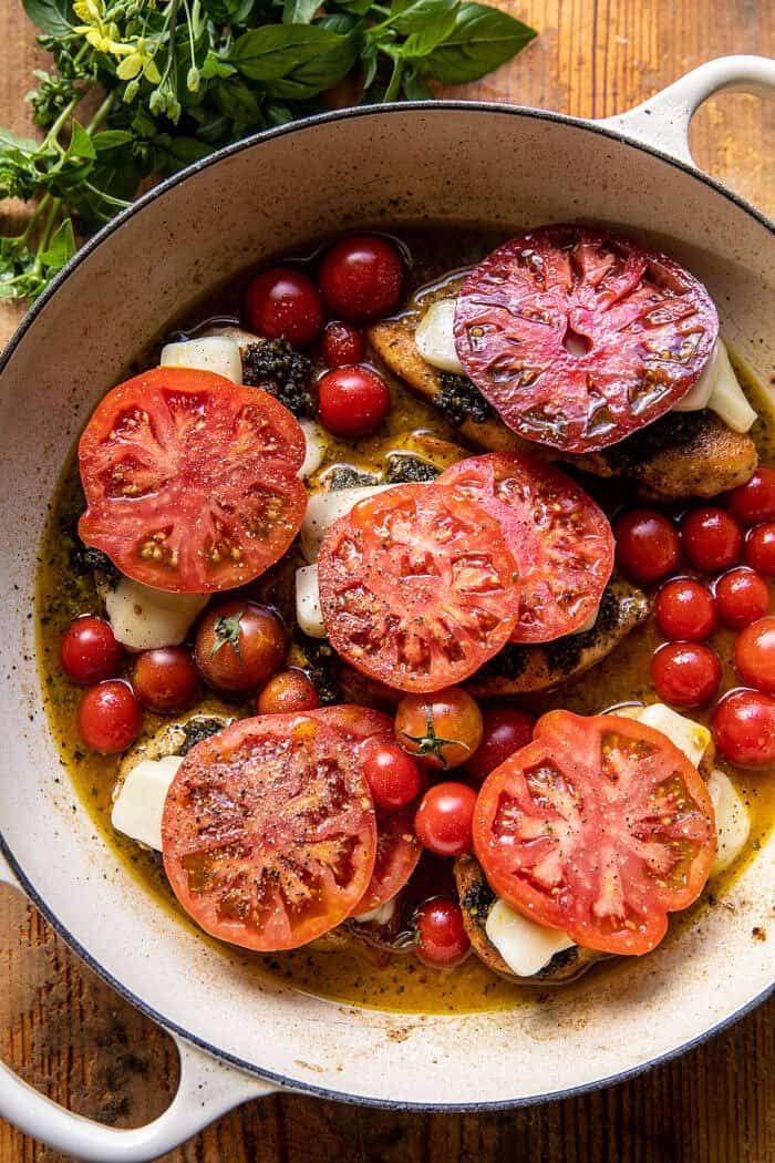 Pesto Caprese Chicken in White Wine Pan Sauce | halfbakedharvest.com