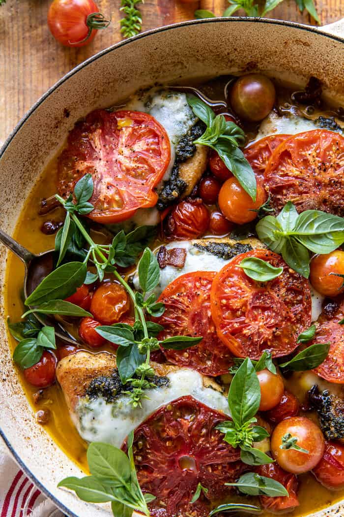 Pesto Caprese Chicken in White Wine Pan Sauce | halfbakedharvest.com