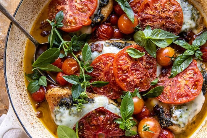 Pesto Caprese Chicken in White Wine Pan Sauce | halfbakedharvest.com