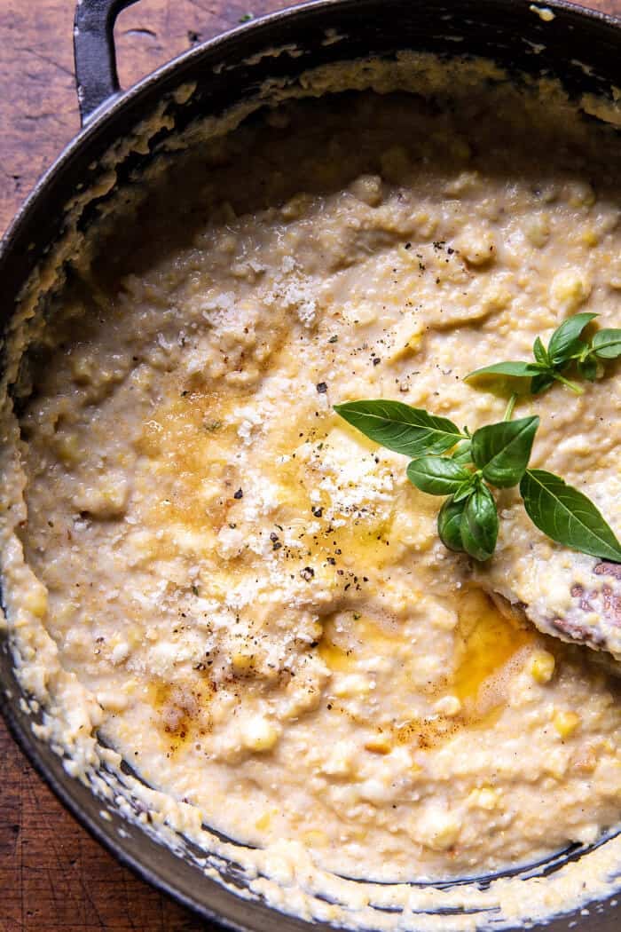 Spicy Garlic Lemon Butter Shrimp with Parmesan Corn Polenta | halfbakedharvest.com