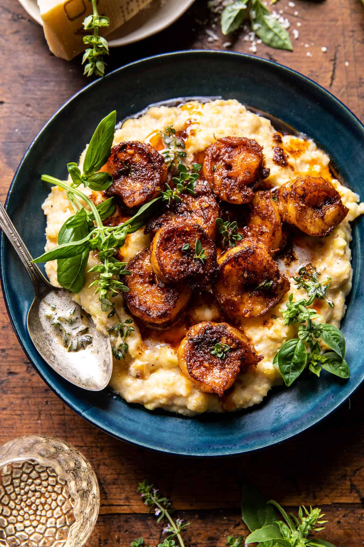 Spicy Garlic Lemon Butter Shrimp with Parmesan Corn Polenta | halfbakedharvest.com