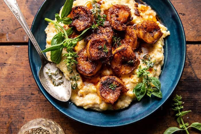 Spicy Garlic Lemon Butter Shrimp with Parmesan Corn Polenta | halfbakedharvest.com