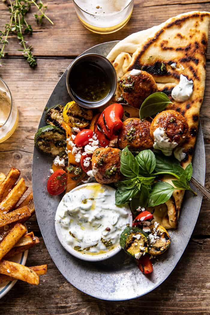 Spicy Oregano Meatballs with Grilled Vegetables and Tzatziki | halfbakedharvest.com Spicy Oregano Meatballs with Grilled Vegetables and Tzatziki | halfbakedharvest.com