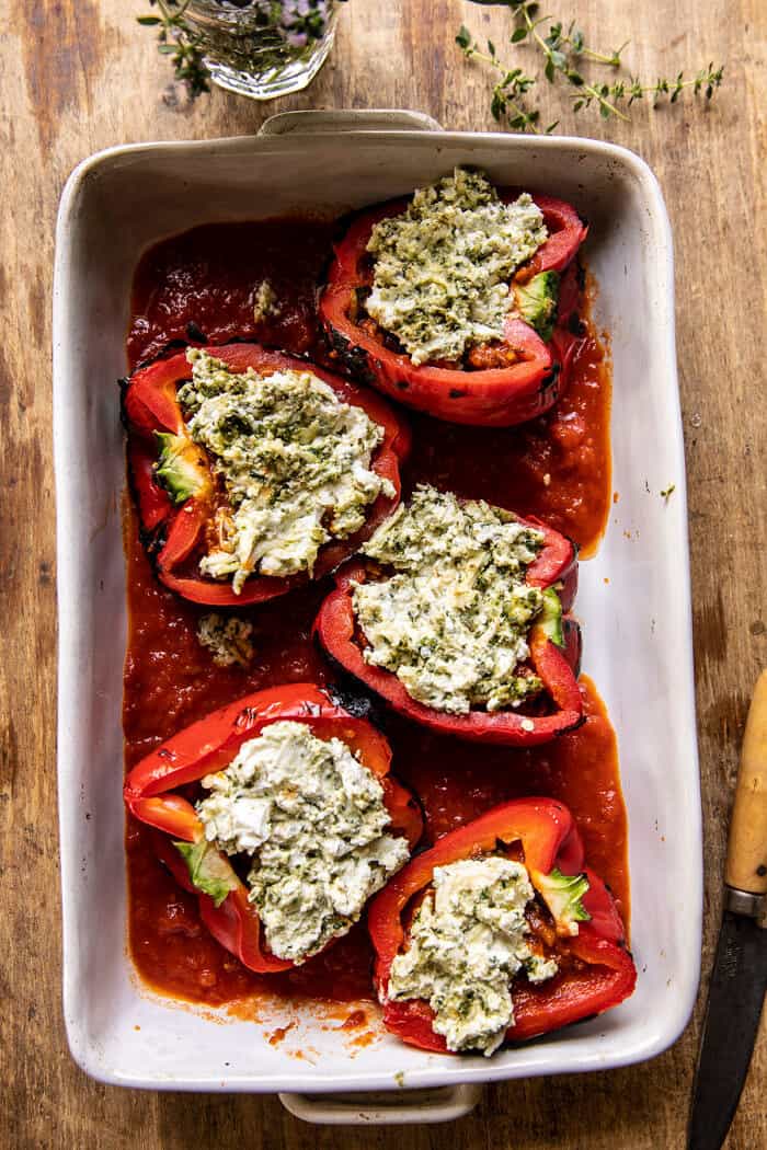 Spicy Pesto Cheese Stuffed Roasted Red Peppers | halfbakedharvest.com