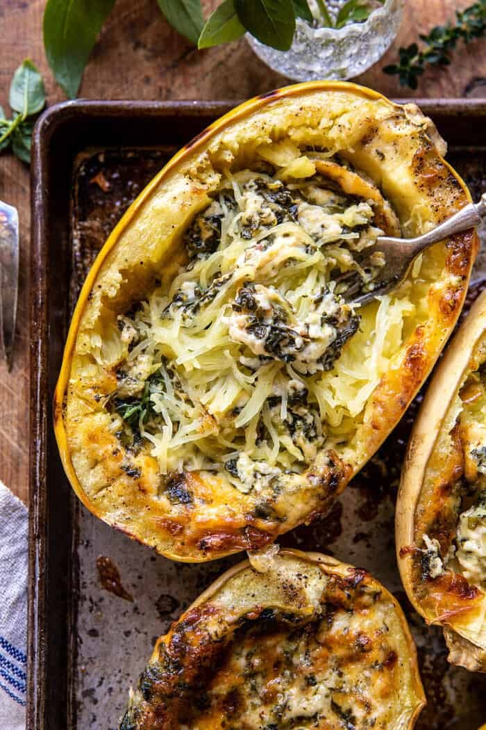 4 Cheese Roasted Garlic Alfredo Stuffed Spaghetti Squash | halffbakedharvest.com 4 Cheese Roasted Garlic Alfredo Stuffed Spaghetti Squash | halffbakedharvest.com