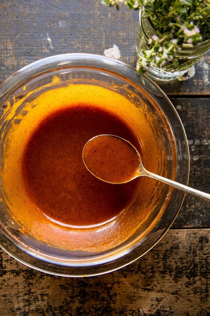 Sheet Pan Hot Honey Mustard Chicken and Crispy Brussels Sprouts | halfbakedharvest,com