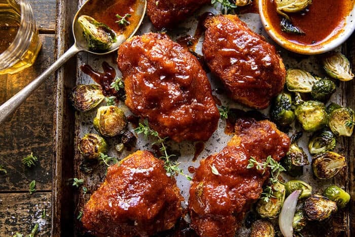 Sheet Pan Hot Honey Mustard Chicken and Crispy Brussels Sprouts | halfbakedharvest,com