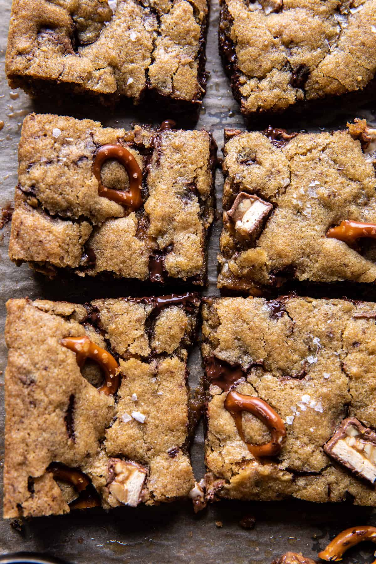 Pretzel Snickers Chocolate Chip Cookie Bars | halfbakedharvest.com