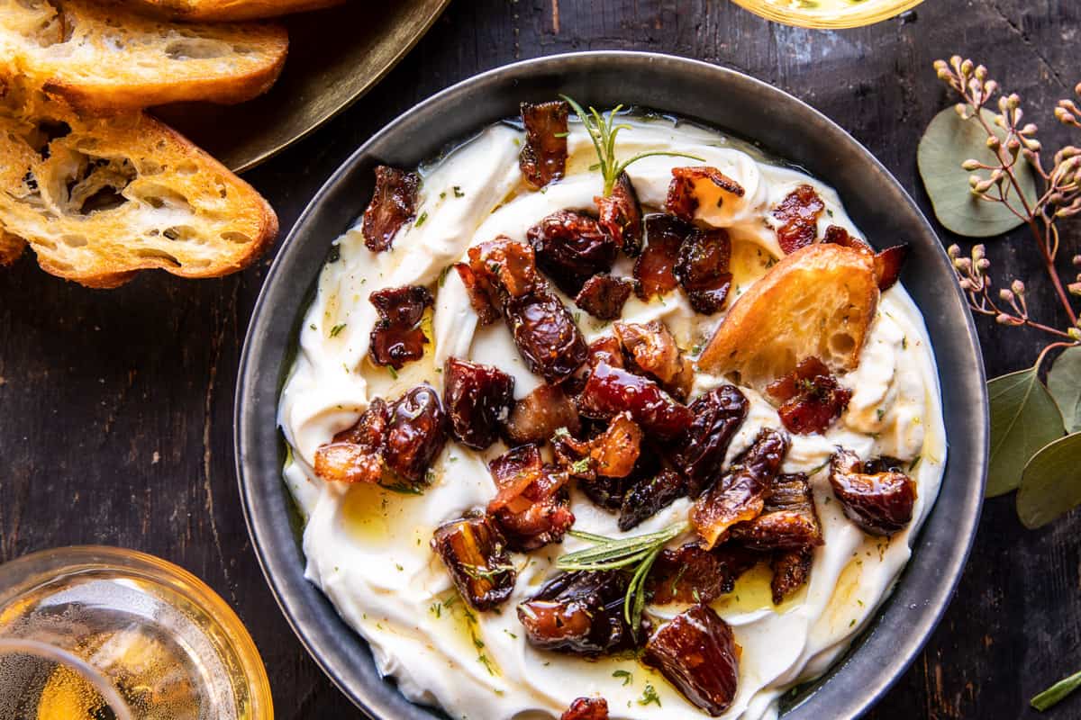 Whipped Goat Cheese with Warm Candied Bacon and Dates | halfbakedharvest.com