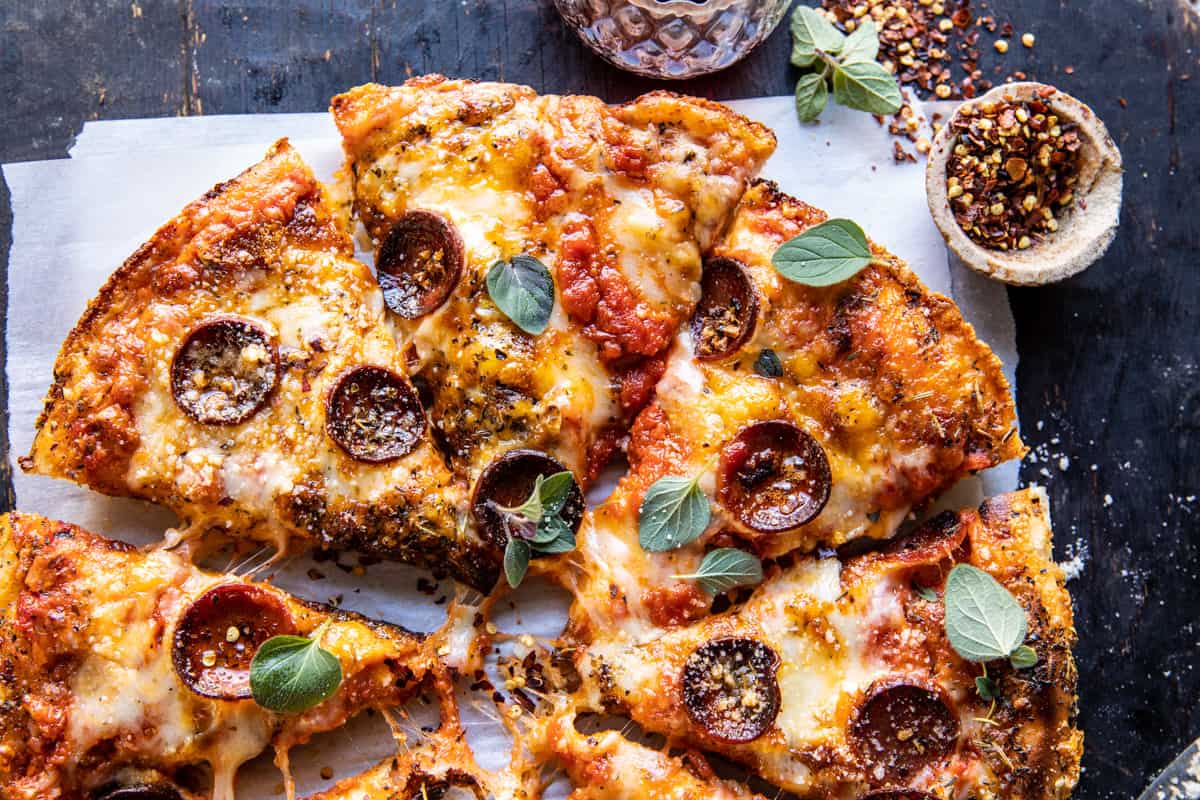 Crispy Tomato Herb Cheese Pan Pizza | halfbakedharvest.com