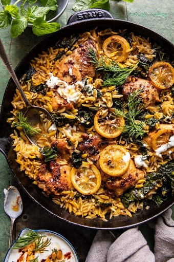 One Skillet Lemon Butter Dijon Chicken and Orzo with Feta Sauce | halfbakedharvest.com